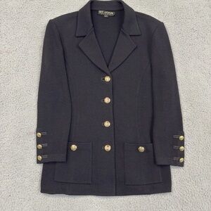 VTG St John Basics Black Santana Knit Gold Logo Button Cardigan Coat Jacket 10